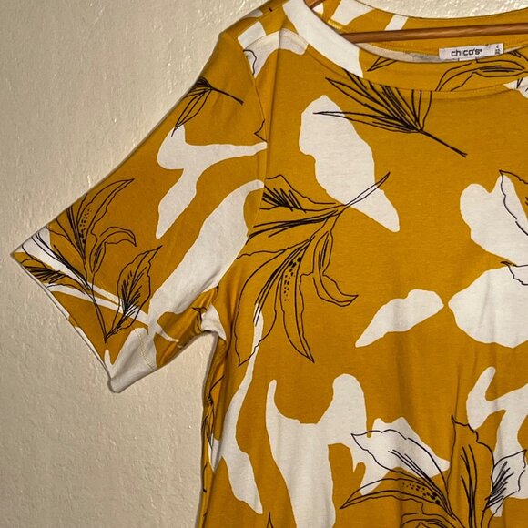 Chicos Mustard Yellow White Floral Short Sleeve Size XXL (4) 100% Pima Cotton - Picture 4 of 16